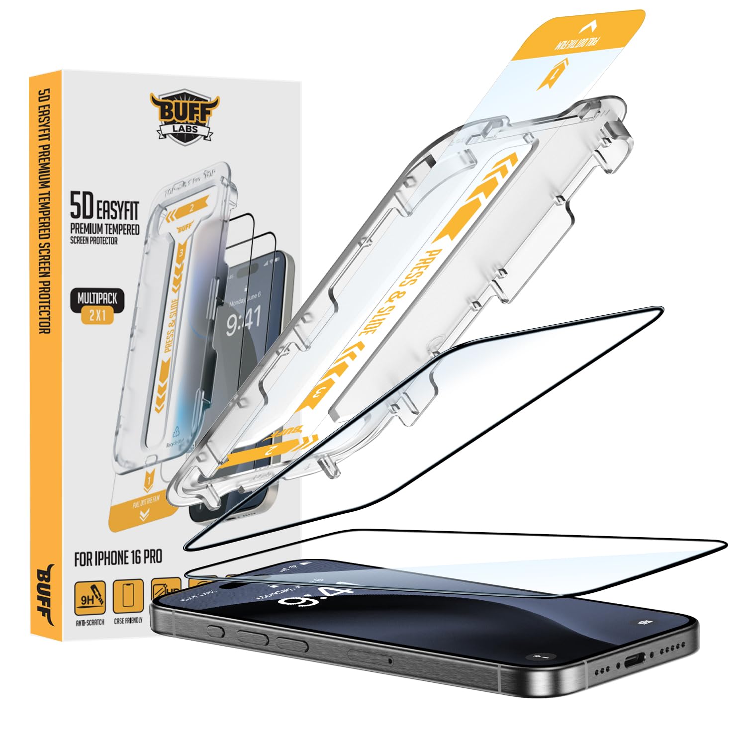BUFF LABS iPhone 16 Serisi ile Uyumlu 5D EasyFit 2 Adet Kolay Uygulama Aparatlı Ekran Koruyucu Temperli Cam (iPhone 16 Pro)