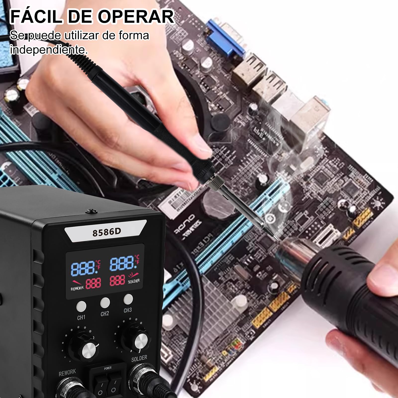 2 en 1 Conjunto de Estación de Soldadura 760W, Pantalla Digital 180-500°C Soldador +Pistola de Aire Caliente 8586D, Herramienta de Desoldadura Y Reparación, para Componentes Electrónicos