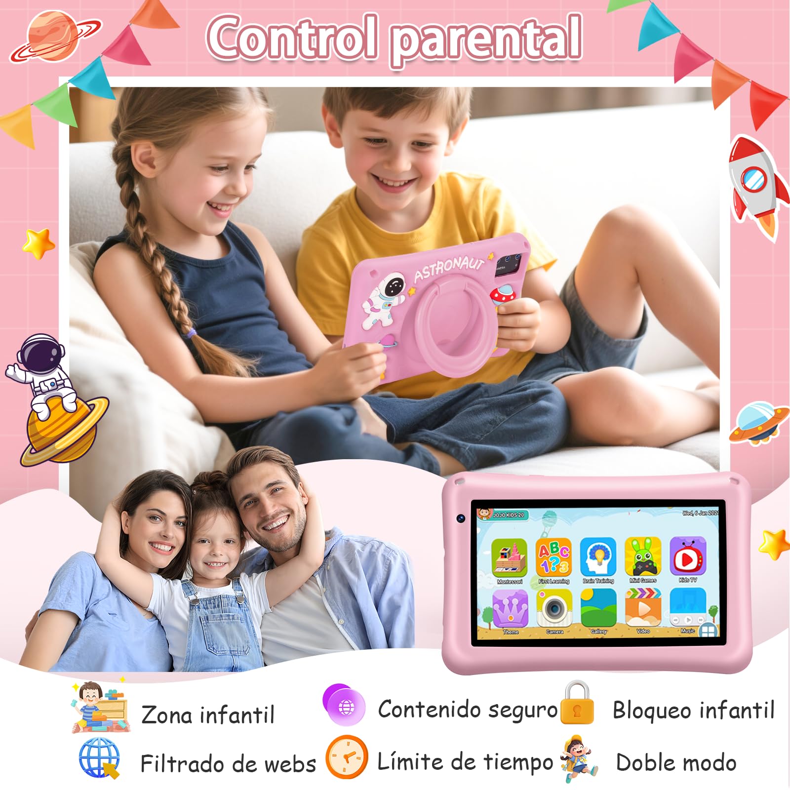 Tablet para Niños 7 Pulgadas,Android Tablet,8GB RAM 64GB ROM (mpliable 256 GB), Control Parental, WiFi, Bluetooth, Kids Tablette Tactile Éducative Avec Kid-Proof Étui-Rosa — view 4