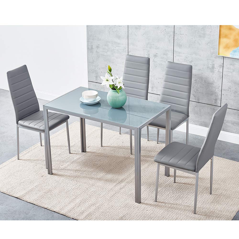 Panana Modern Gorgeous Glass Dinning Table With Faux Leather Chairs Set (120cm Table & 4 Chairs,Grey)