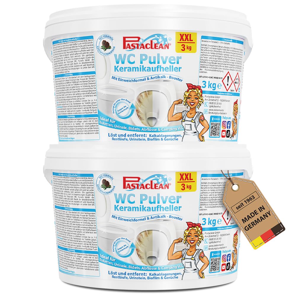 Pastaclean® WC Reiniger Pulver 6 kg I Toiletten-Reiniger für WC-Hygiene & WC-Frische I WC Schaum EXTRA STARK gegen Kalk- & Urinstein I Reinigt bis unter den Rand der Toilette