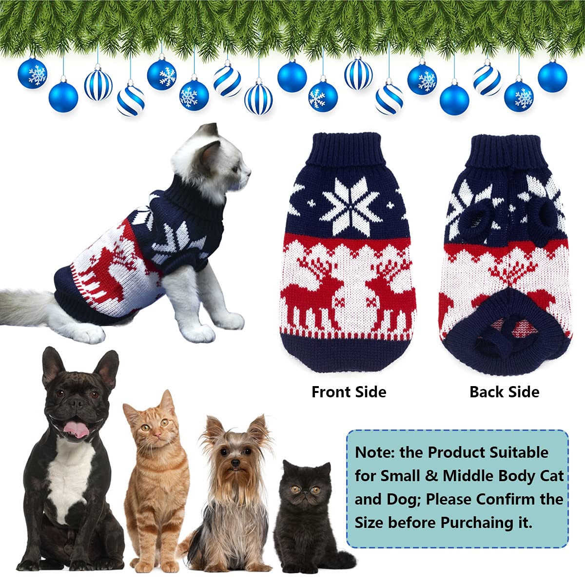 Vehomy Pet Christmas Sweater - Reindeer Snowflake Knit Sweater For Small Dogs & Cats (Navy Blue)