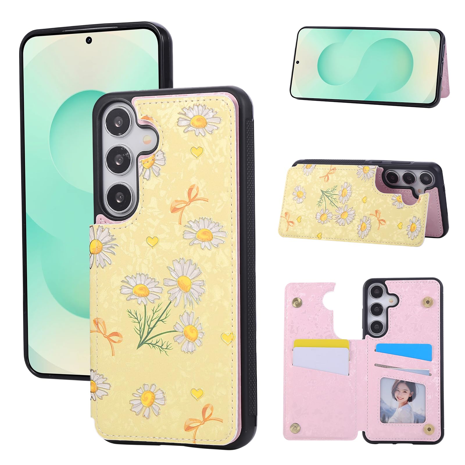 UEEBAI Wallet Case for Samsung Galaxy S25 Plus 5G with Card Holders, PU Leather Cover Kickstand RFID Blocking Double Magnetic Clasp Rilievo Flower