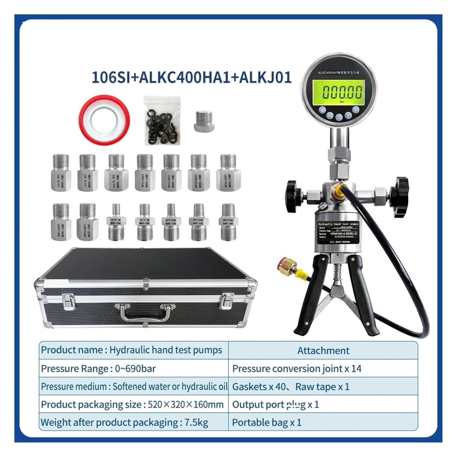 Marine Pressure calibrator Marine Pressure calibra 106SI Handheld Hydraulic Instrument Marine Digital Pressure Gauge ALKC400HA1 Pressure Conversion Joint ALKJ01 0~690bar