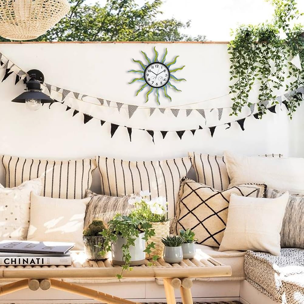 Large Outdoor Clock with Thermometer & Humidity - Silent Non-Ticking, Retro Sun Outdoor Wall Clock for Patio, Garden, Kitchen, Living Room(Blue)