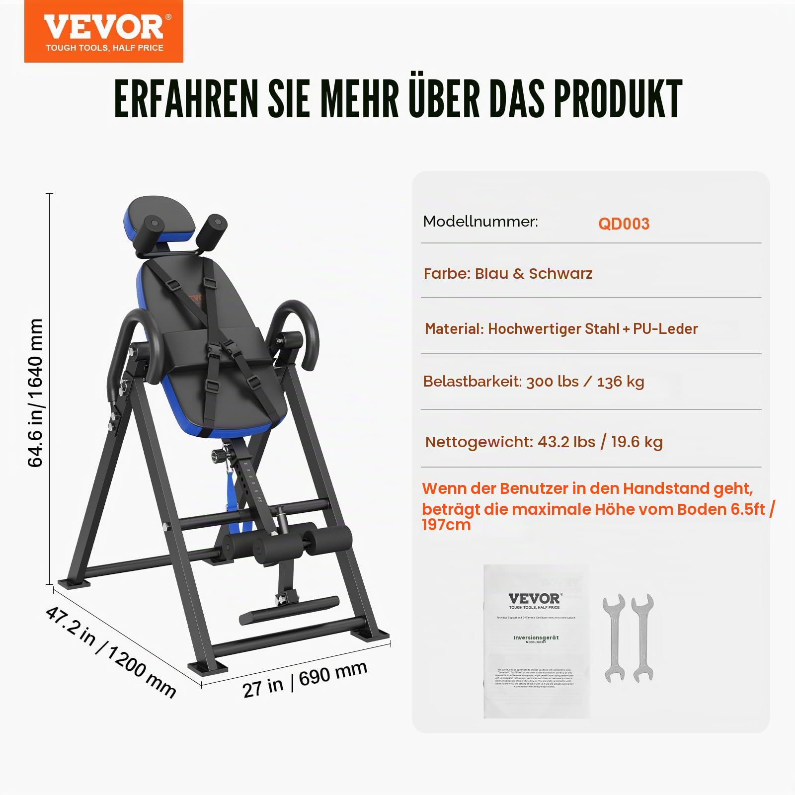 VEVOR Inversionstisch Inversionsbank, 136 kg belastbar, Multifunktionsgerät, Rückentrainer, klappbares Krafttrainingsgerät mit Kopfstütze, Knöchelverriegelung, verstellbarem Schutzgurt, Blau/Schwarz