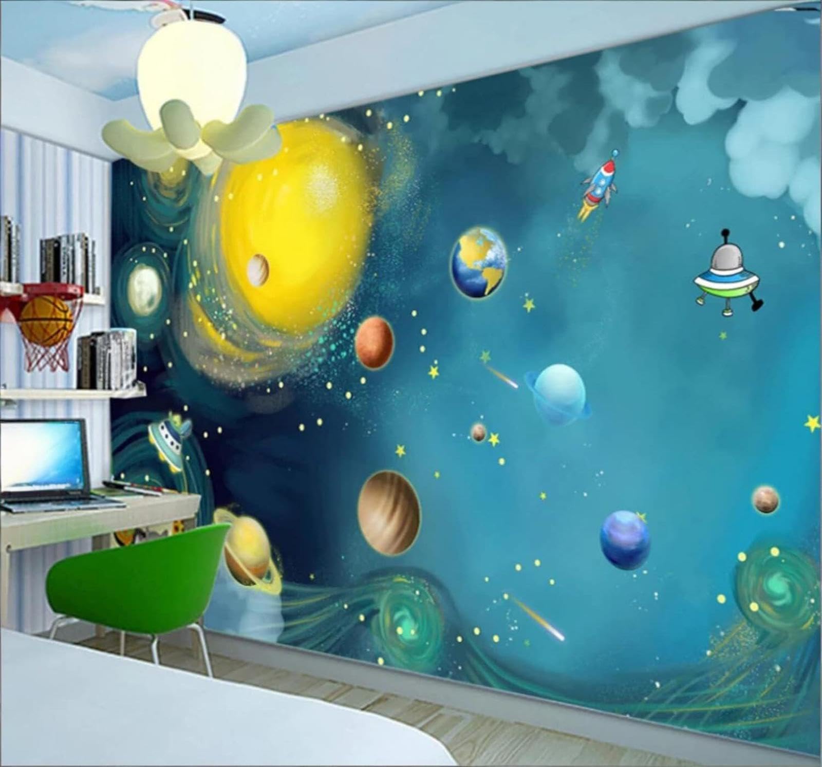 Wallpaper-3D-Xlm 430Cm×300Cm(B×H) Cartoon Hand Drawn Space Universe Planet 3D Wallpaper Easy Install Feature Office Living Room Sofa Bedroom Tv Background Wall Decoration-430Cm×300Cm