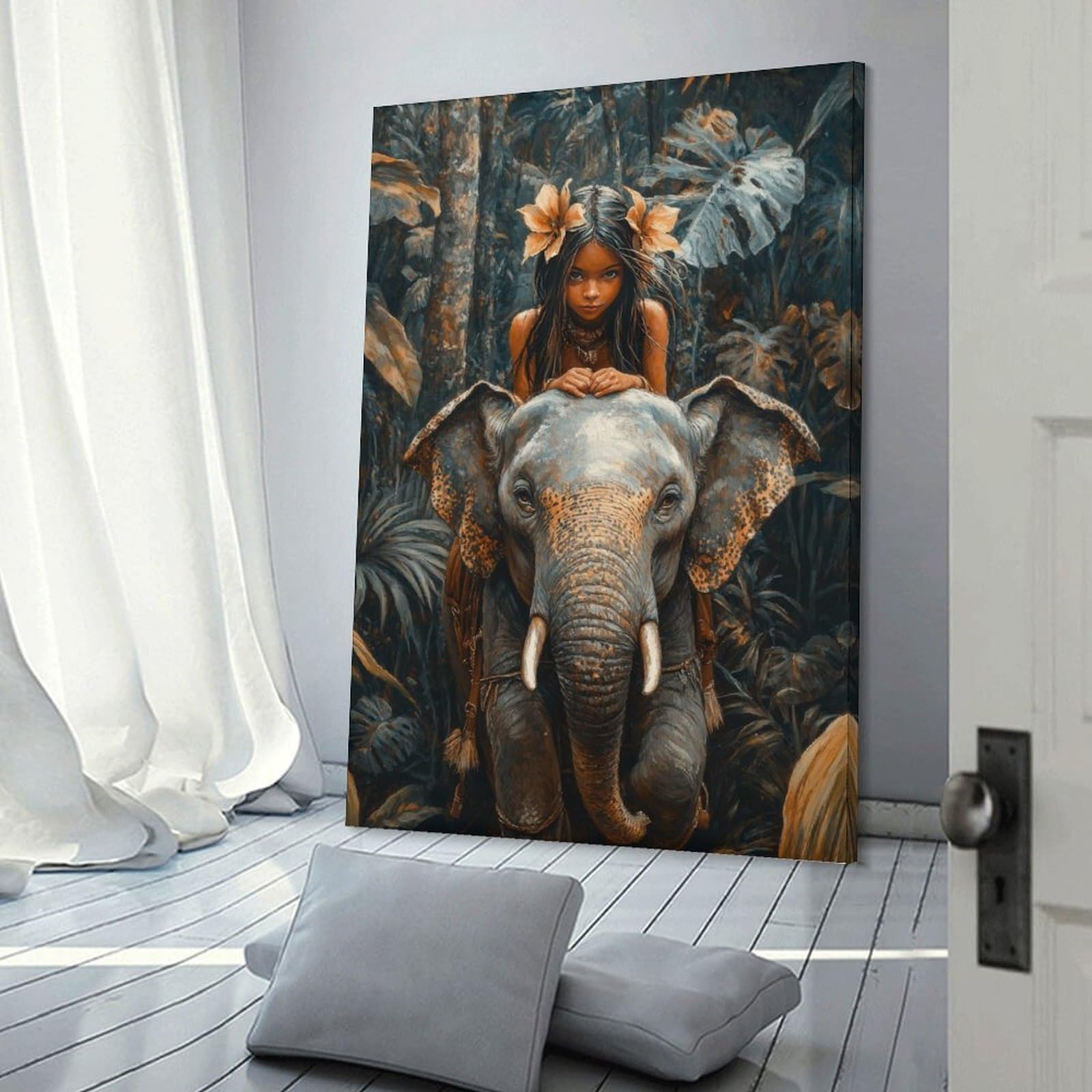 Junmoney Girls Frame-Style-1 Hanging Wall Art Jungle And Elephant, 20X30inch(50X75cm), For Gallery Wall Layouts In Home Or Office, An Easy Match For Collected Prints