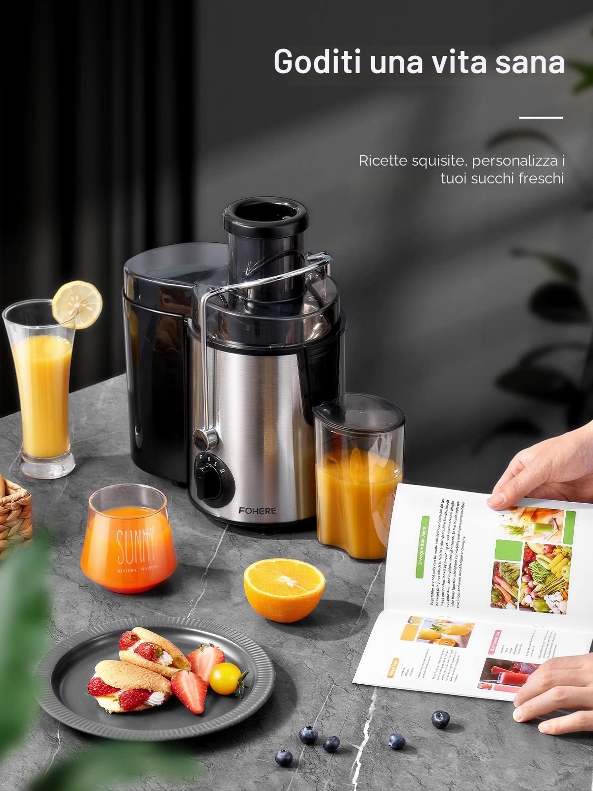 FOHERE Estrattore Frutta e Verdura Potenza Massima 800W, Centrifuga Frutta e Verdura con Bocca da 65mm, 3 Velocità di Regolazione, Spazzola Inclusa, Facile da Pulire, Acciaio Inossidabile Senza BPA