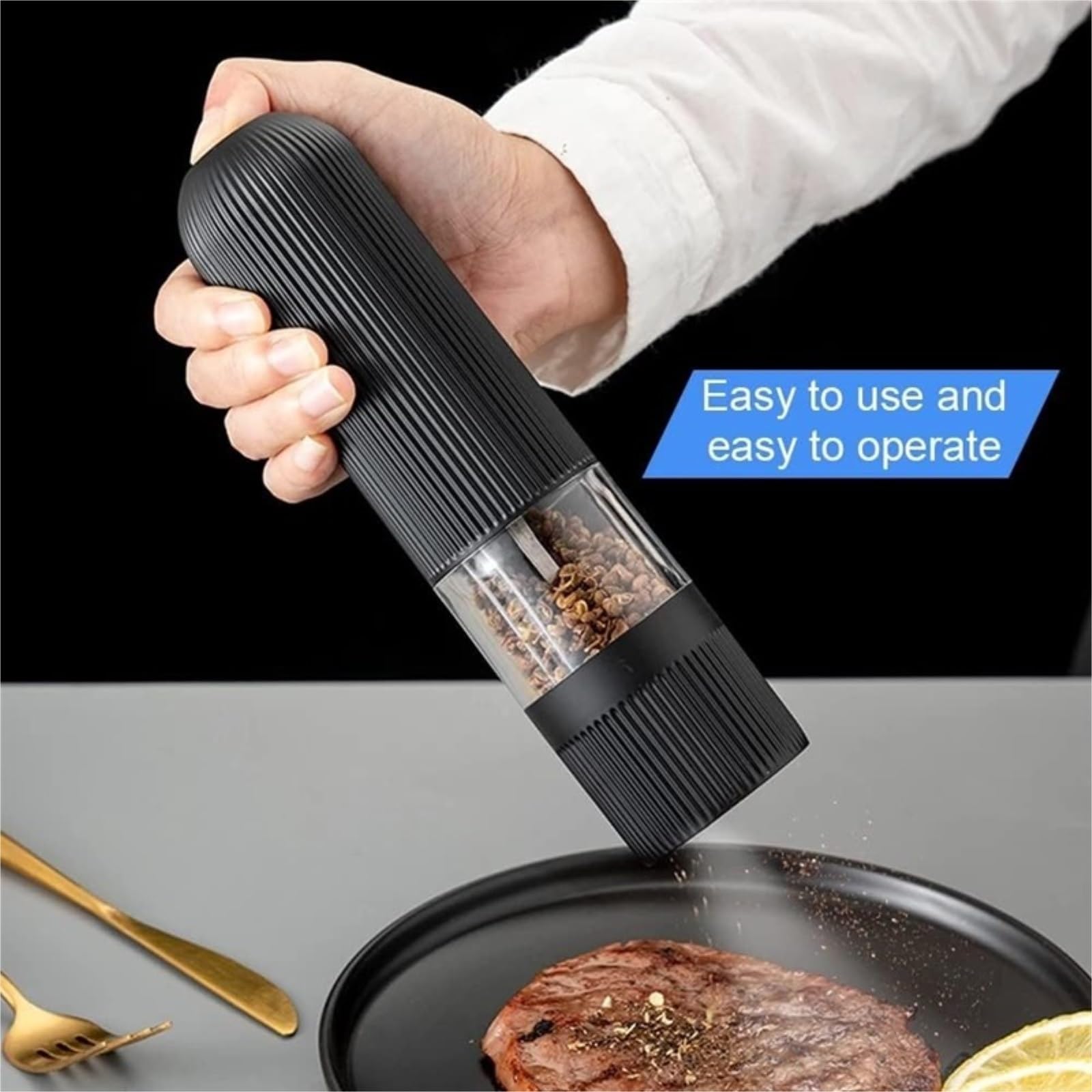IRYZE Macinaspezie Macinapepe Macina Spezie Macina Pepe Elettrico Macina Pepe Automatico per Spezie Macina Sale Marino Utensili da Cucina Macinasale Macina Pepe (Color : Nero, Size : 2pc)