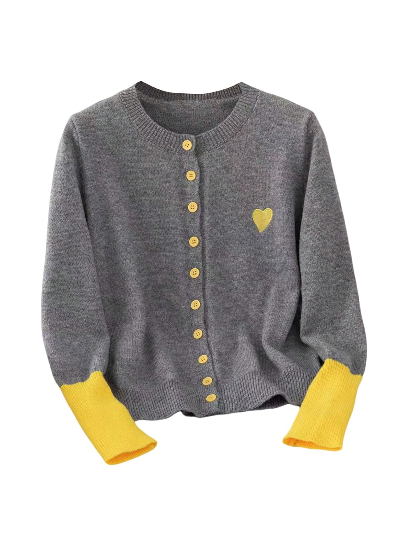 GORGLITTER Womens Colorblock Heart Cardigan Button Up Cozy Crewneck Long Sleeve Embroidered Valentines Knitwear Tops