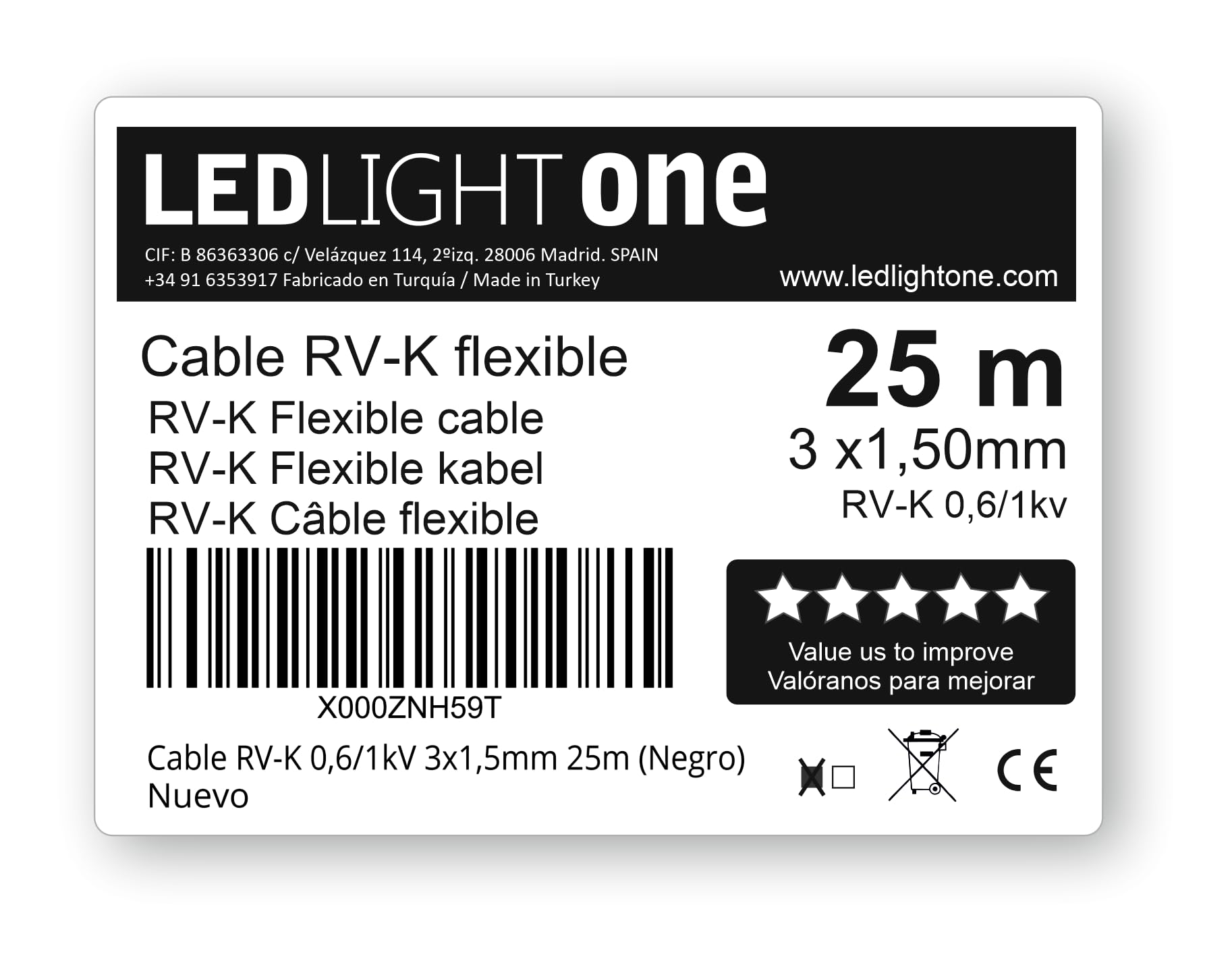 Cavo Elettrico RV-K 0,6/1Kv 3x1,5 mm 25 m Nero, Conduttore di Rame Elettrolitico Classe 5, Polietilene Reticolato, Copertura PVC per Impianti Interni o Esterni