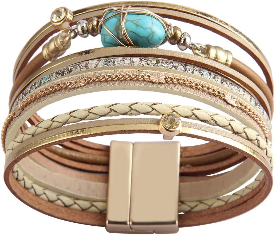 GelConnie Leather Wrap Bracelet Boho Cuff Bracelets Crystal Leather Bracelet Magnetic Multi Strand Bracelets Bohemian Bracelet Leather Wristbands Bangle Jewelry for Women Teen Wife Mother