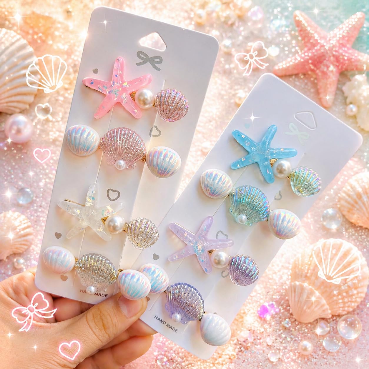 6pc Handmade Mermaid Shell and Starfish Hair Clips Set, Iridescent Pearl Embellished, Ocean Theme, Pink and Blue-image-23