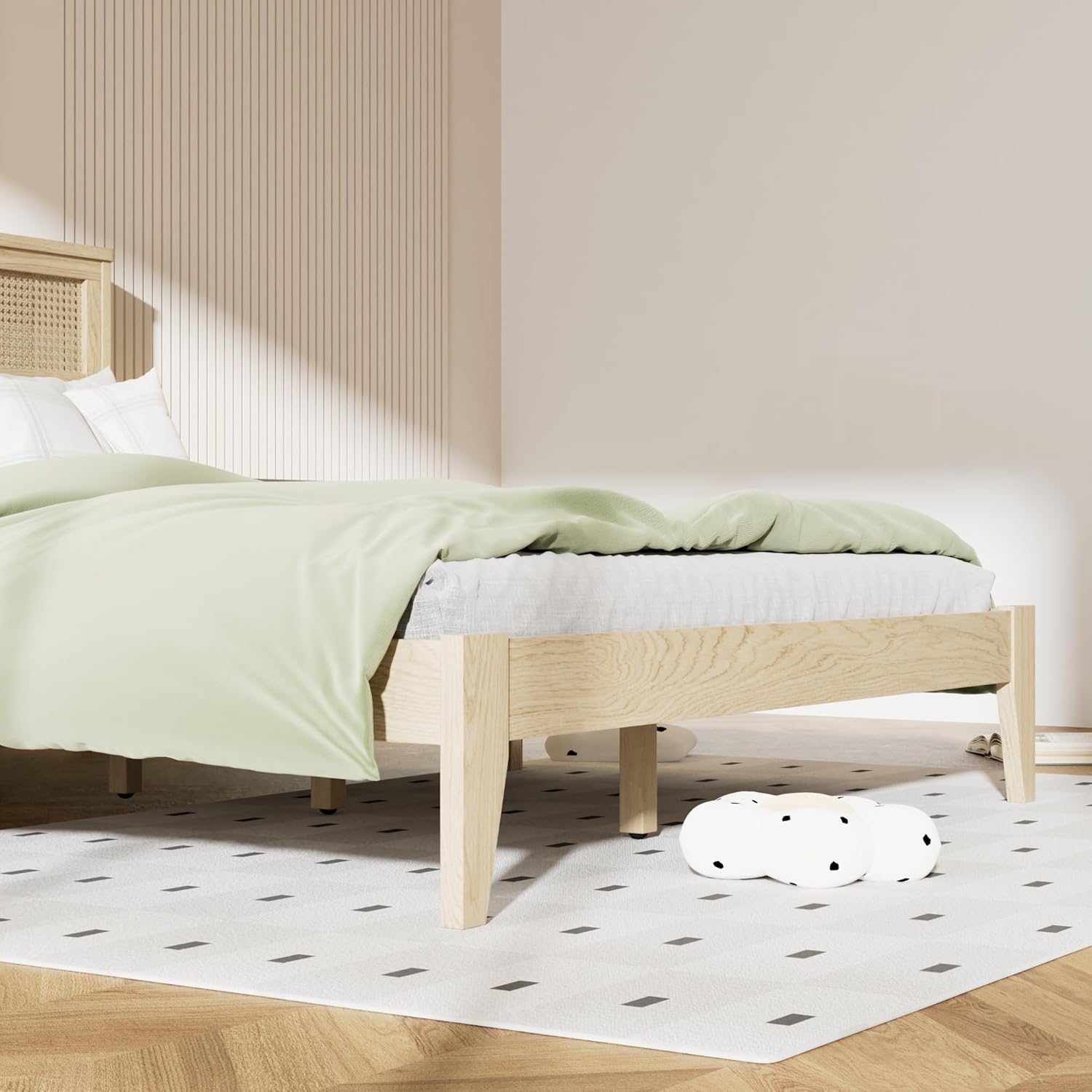 Rubber Wooden Bed Frame Queen Size, Solid Wood Bed Frame Queen with Rattan Headboard, Enhanced by Support Feet, No Box Spring Needed, Natural