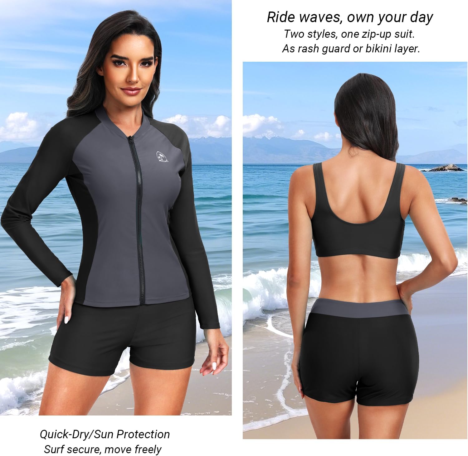 Holipick Long Sleeve Swimsuits for Women - 3 Piece Rash Guard with Shorts Zipper SPF Swim Shirt with Built in Bra