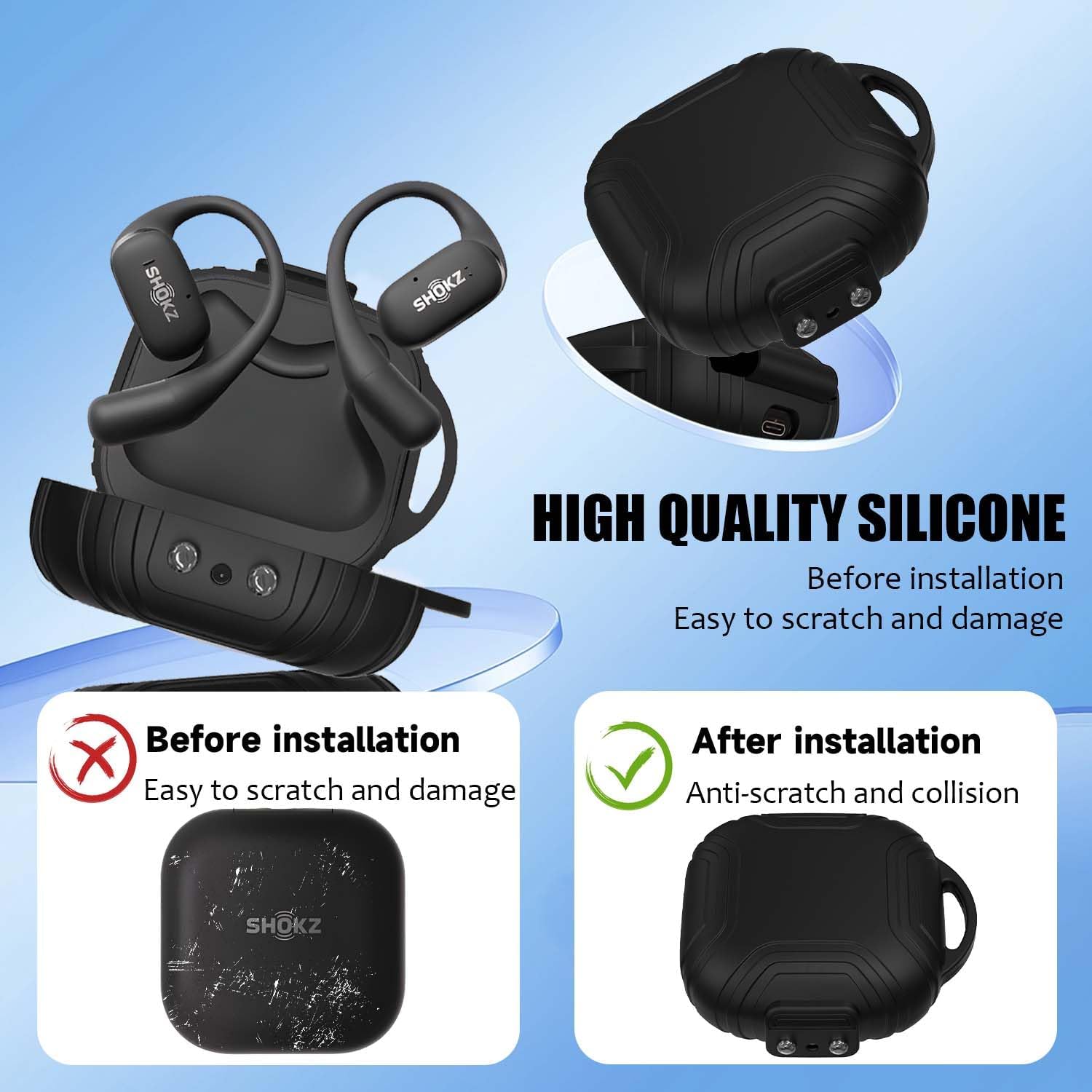 [Secure Lock] Case for Shokz OpenFit Air T511 Open-Ear Headphones, Silicone Anti-Slip Anti-Scratch Protective Cover for Shokz OpenFit Air T511 Case Earbuds Charging Case with Carabiner (Black) - Image 3
