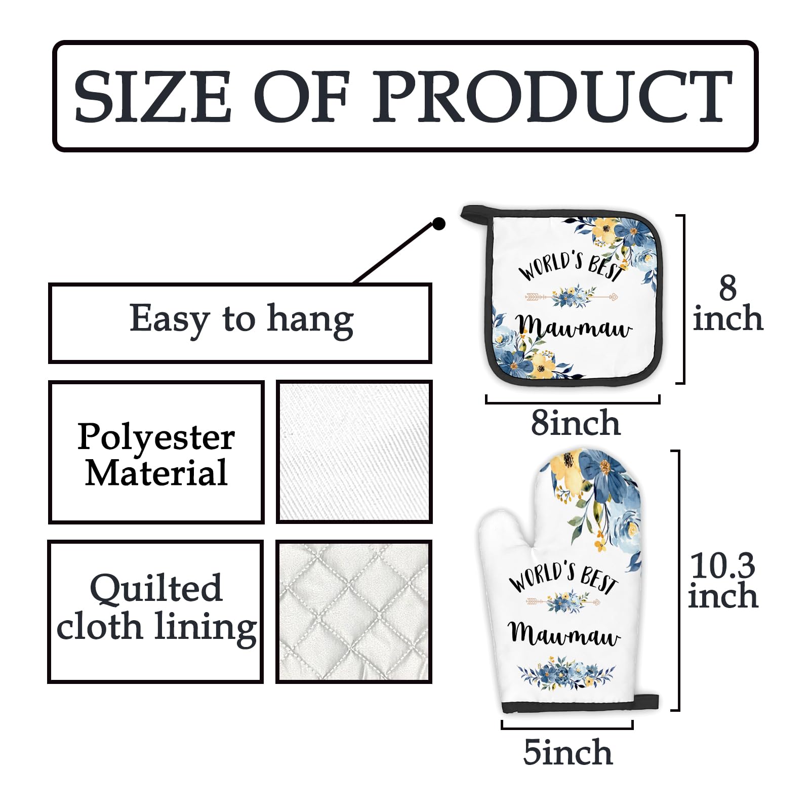 Mawmaw Gifts Oven Mitts and Pot Holders Sets, Gifts for Mawmaw from Grandkids Kitchen Decor Accessories Sets, World’s Best Mawmaw Heat Resistant Oven Glove Potholders for Kitchen Cooking