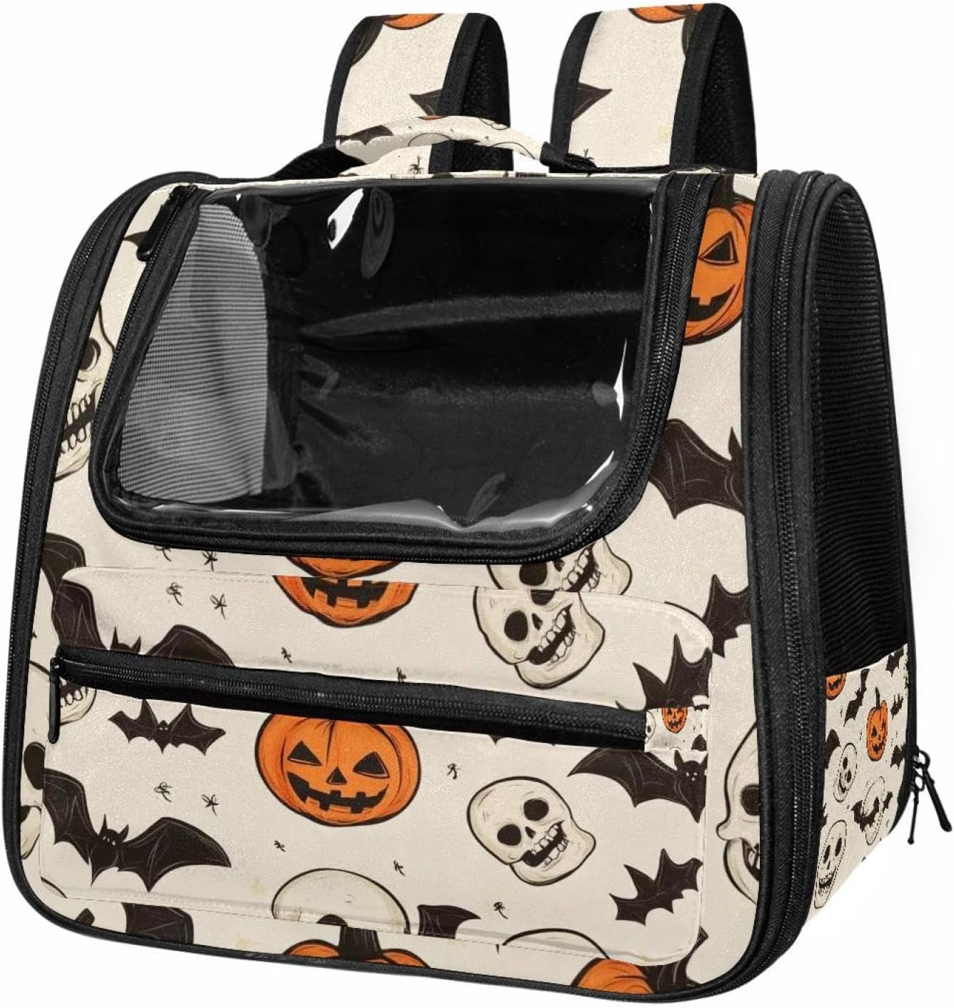 Portable Travel pet Backpack Carrier Hamster Bag Small Dog cat Carrier Breathable Hang Bag, Halloween Skulls Pumpkins Bats