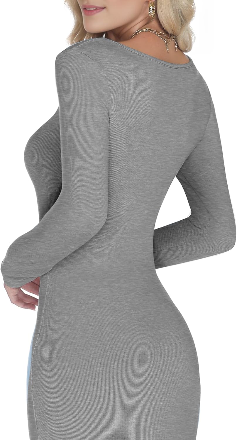 Buauty Women's Bodycon Maxi Dresses, Ribbed Square Neck Long Dress, Fall Long Sleeve Lounge Dress for Women - Image 4
