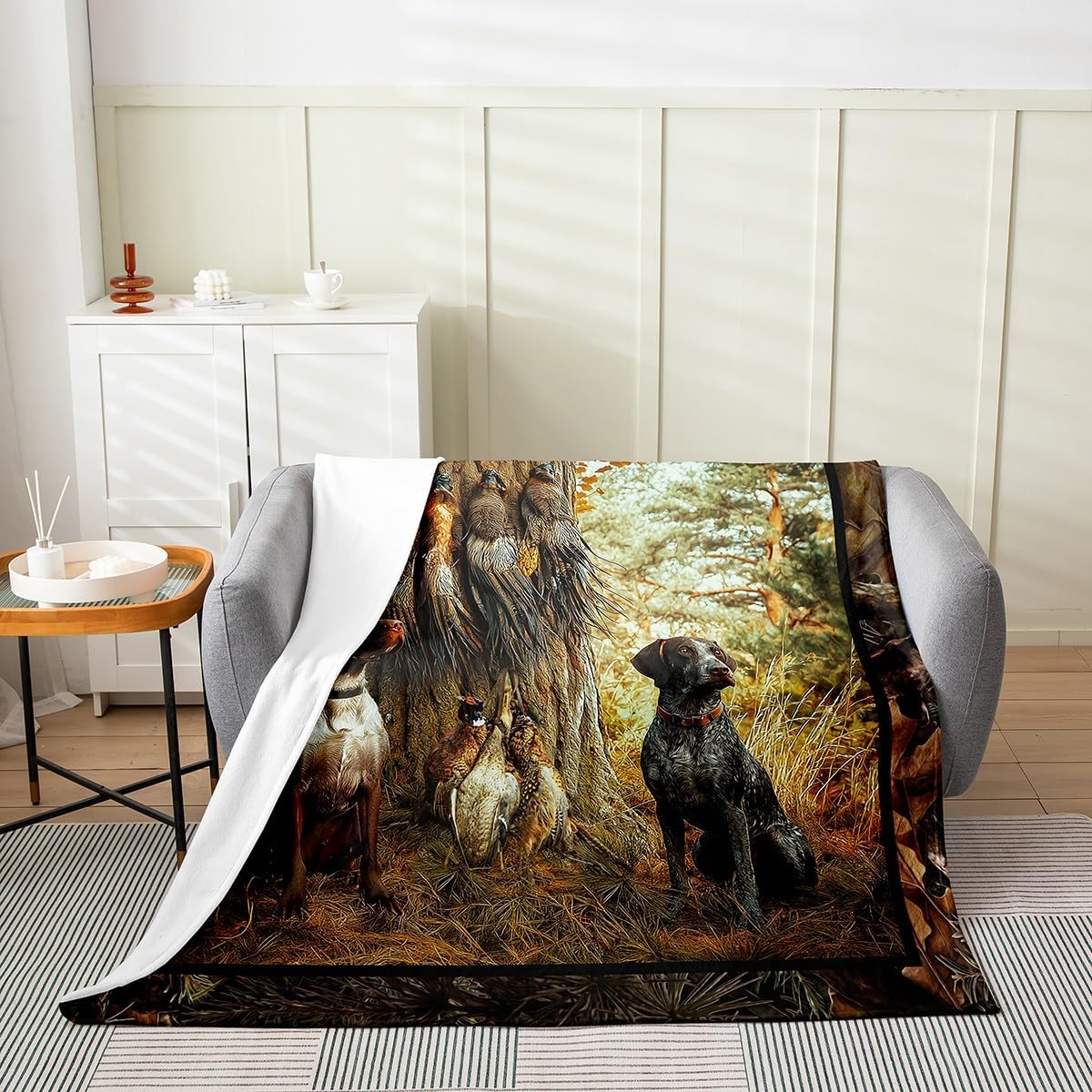 Erosebridal Pheasant Hunting Throw - Queen Inch Black Dog Boho Farmhouse Wild Animals Fleece Sherpa Blanket for Men Boys Adults Kid