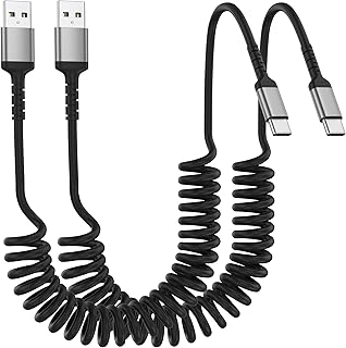 ADILIFT USB C Spiral Cable, [2 Pieces 0.3 m - 1 M] USB A to USB C Cable Short, Charging Cable USB C Fast Charging Cable for iPhone 16/15/Plus/ProMax, Galaxy S24 Ultra S23 FE S22 S21, Google Pixel,