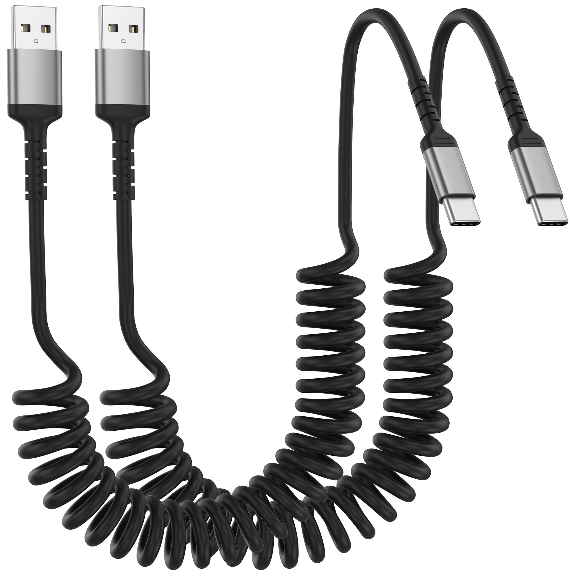ADILIFT USB C Spiralkabel, [2Stück 0.3M-1M] USB A auf USB C Kabel Kurz, Ladekabel USB C Schnellladekabel für iPhone 16/15/Plus/ProMax, Galaxy S24 Ultra S23 FE S22 S21, Google Pixel, Xiaomi, Schwarz
