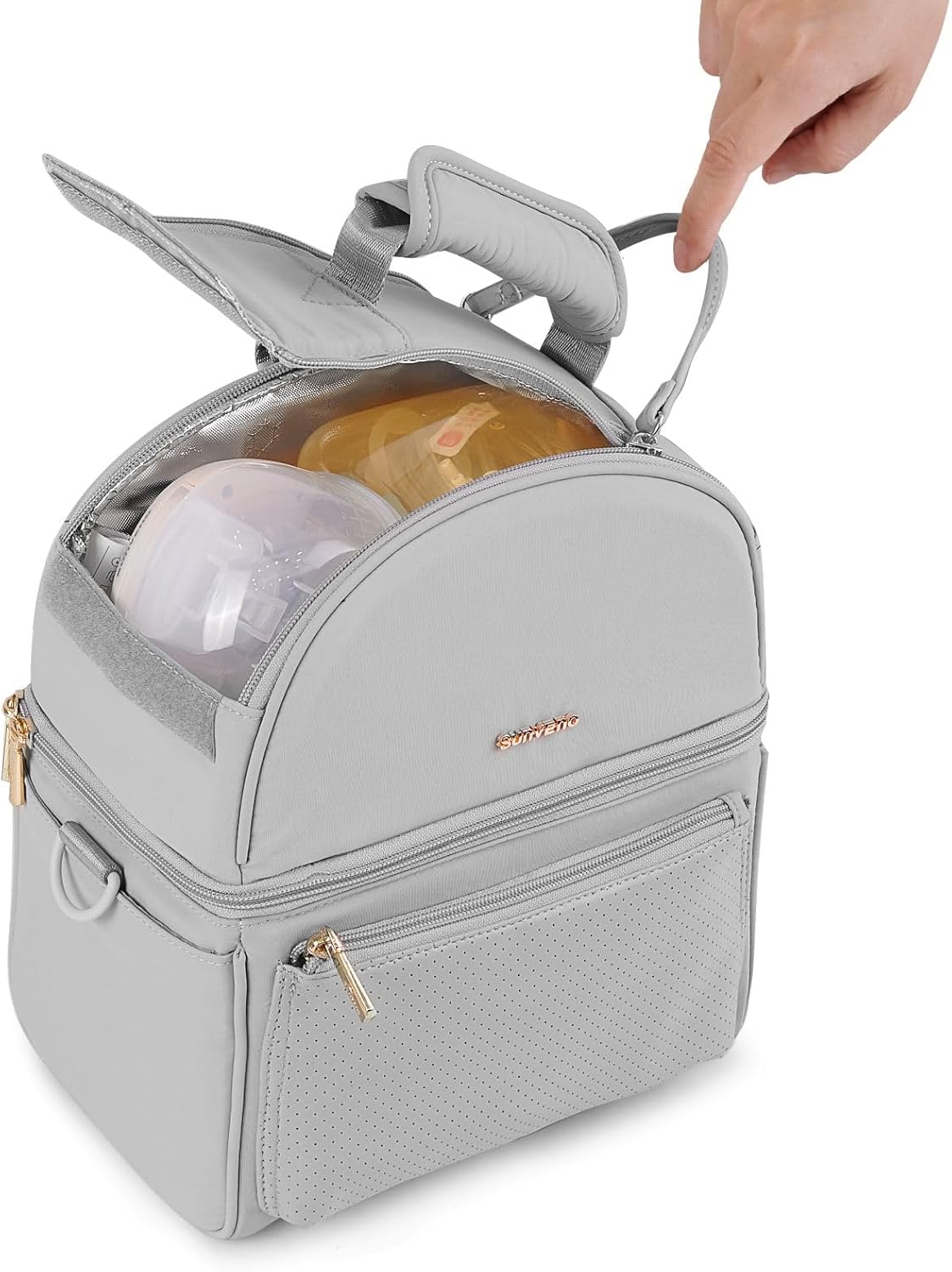SUNVENO Breast Milk Cooler Bag with Detachable Insulation Box, Double-Layer Pumping Travel Bag for Work & Daycare, Fits Bottles, Ice Packs and Pump Parts,Grey