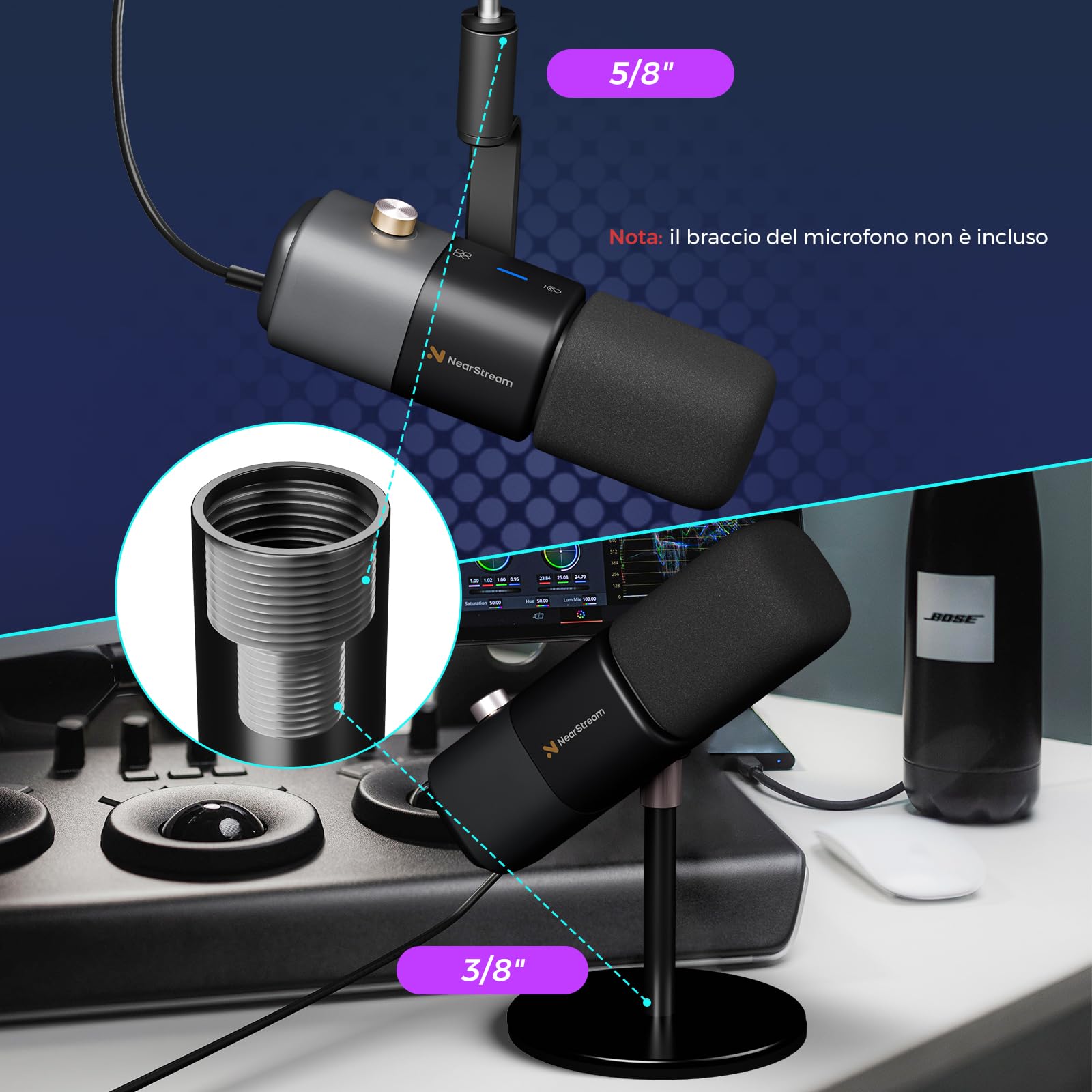 NearStream Microfono da Tavola Gaming Dinamico con Connessioni USB e XLR, Rilevamento Supercardioide & Plug and Play &Riduzione del Rumore AI&Guadagno Audio &Monitoraggio Audio,AM15X