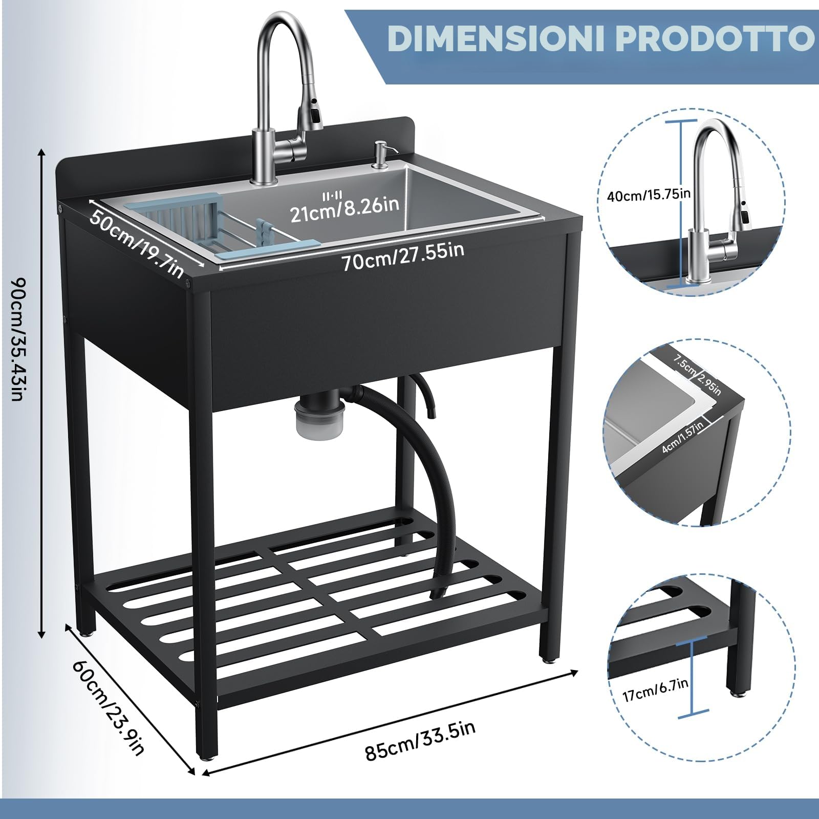 Lavandino autoportante in acciaio inox per esterni, lavello da cucina con scolapiatti e rubinetto estraibile e tubi dell'acqua calda e fredda, Kitchen Sink lavandino a mano per cucina, garage