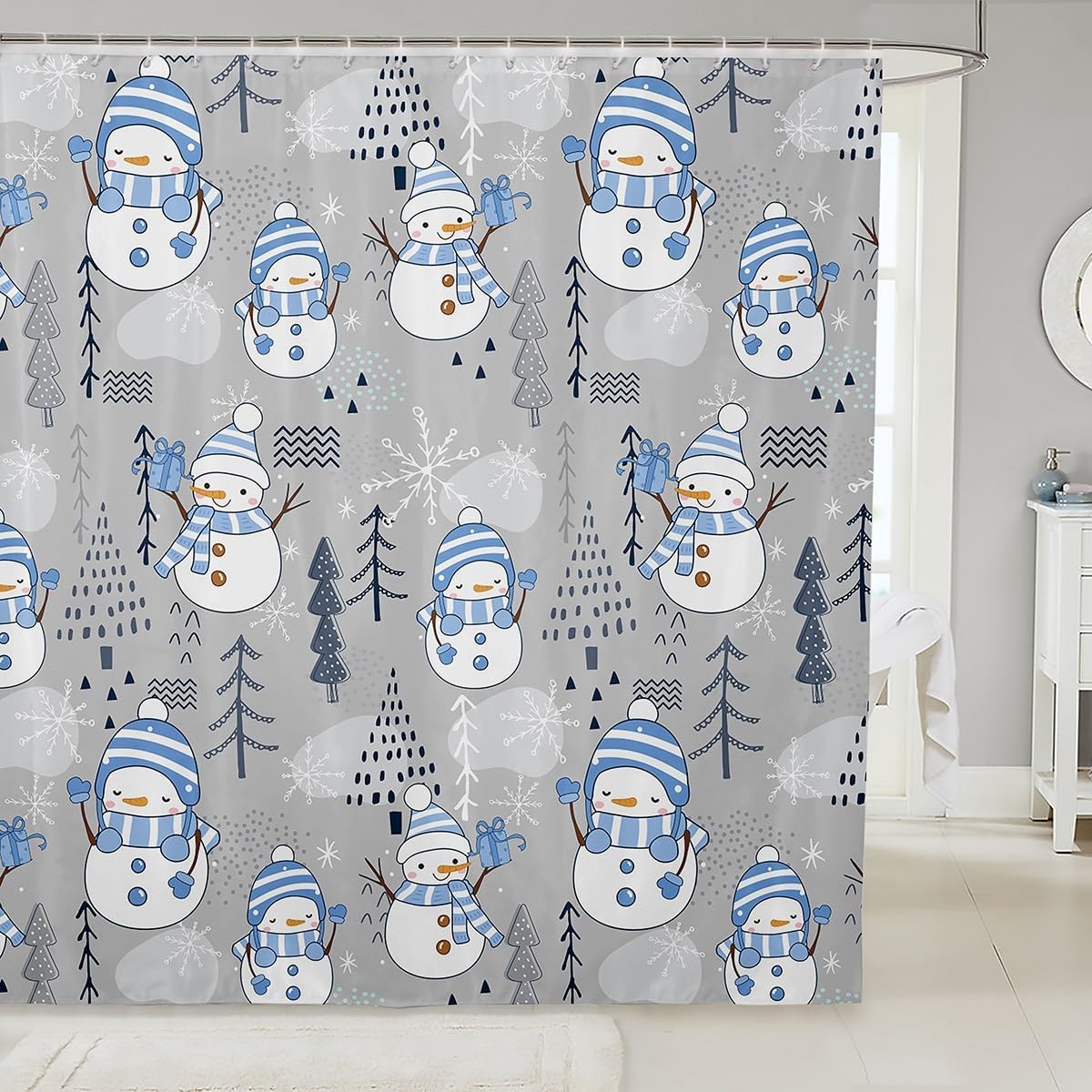 Cartoon Snowman Kids Shower Curtain,Merry Christmas Bathroom Curtain Xmas Tree Snowflake Print Waterproof Curtain for Girls Boys Teens Room Decor Blue Grey White Bath Curtain,12 Hooks,72"Wx84"L