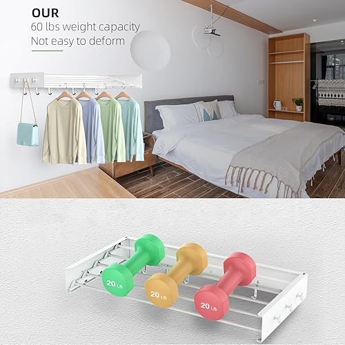 Miniatura 7 de Tendedero de secado para ropa, montaje en pared, plegable, plegable, capacidad de 60 libras, 5 postes de aluminio con 6 ganchos (blanco, 31.5