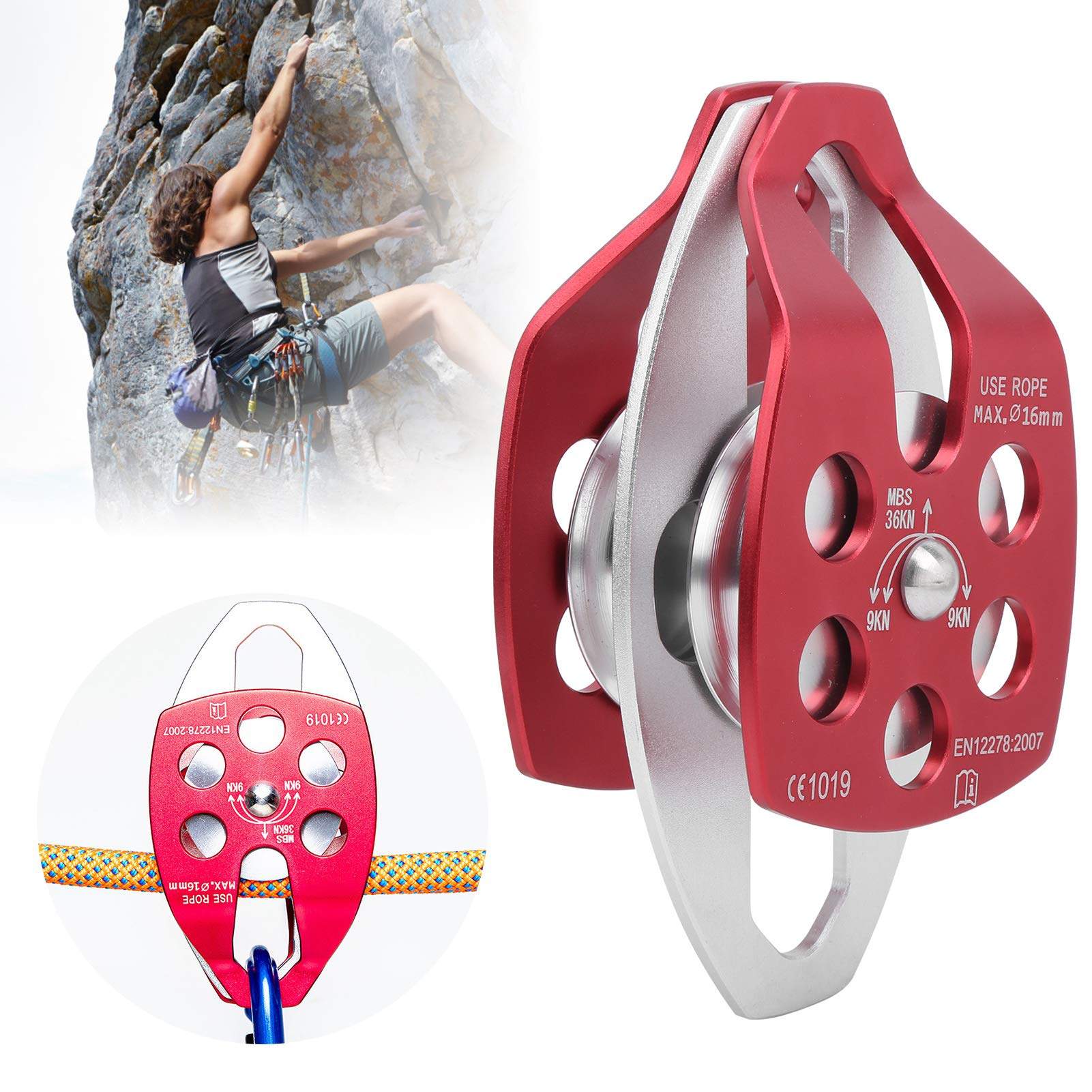 Alomejor Polea de Doble polea, polea de Cuerda giratoria, árbol Fijo, polea de Escalada en Roca, Rappel, arbolista, Equipo de Seguridad de Rescate