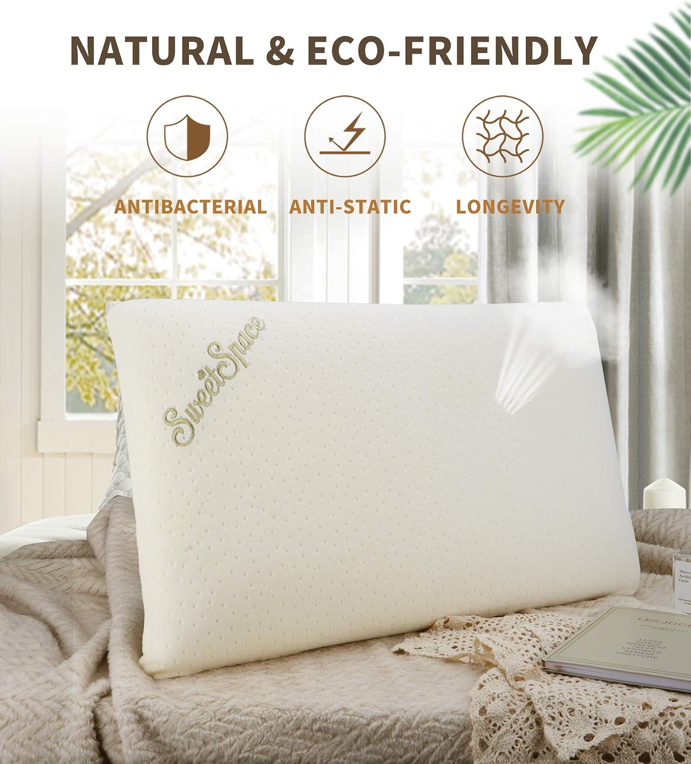 Latex Foam Pillow, Orthopedic Pillows for Sleeping with Machine Washable Pillowcase, Natural and Soft Density with an Additional Travel Neck Pillow