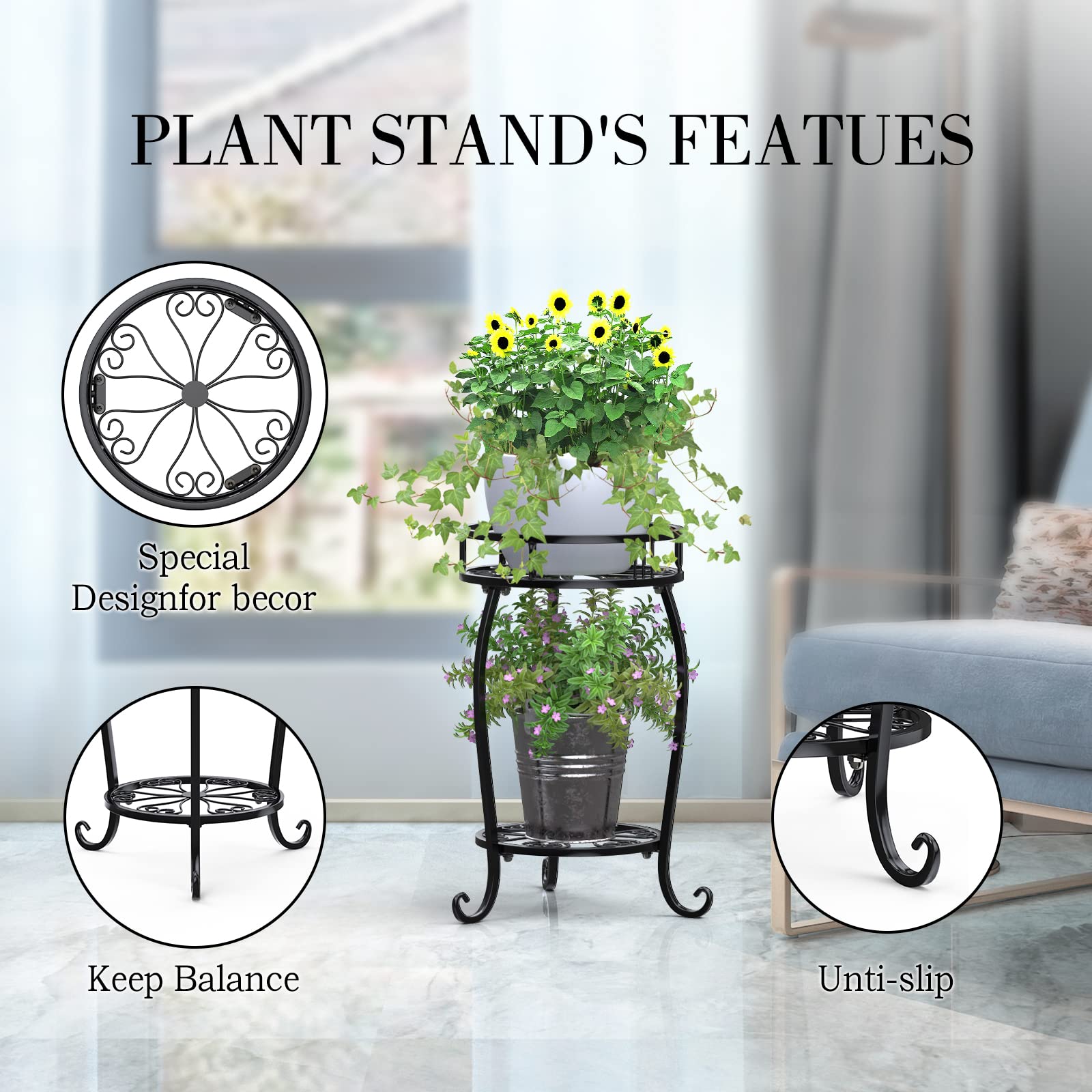 STLOVe Soporte Para Plantas de Metal, 2 Unidades, Soporte Para Plantas de Nivel, Soporte Para Macetas de, Estante Para Plantas, Estante de Hierro Redondo Para Interiores Exteriores Para Macetas
