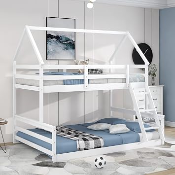 Bunk Beds Twin Over Full Size,Space Saver Bunk Beds,House Shaped Twin Over Full Bunk Bed,Twin Bunk Beds with Safe Guardrail,Bunk Beds for Kids,Space Saver(Bunk Bed Twin Over Full White)