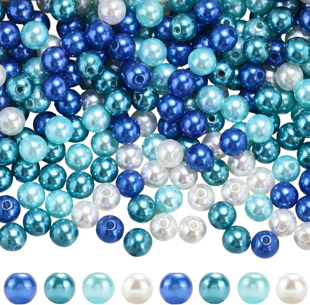 1200Pcs 4 Style Blue Pearl Beads 6mm Pearl Plastic Beads Small Round Ball Colorful Winter Loose Smooth Spacers Findings Accessories for Jewelry Making Bracelets Necklaces Party DIY Crafts