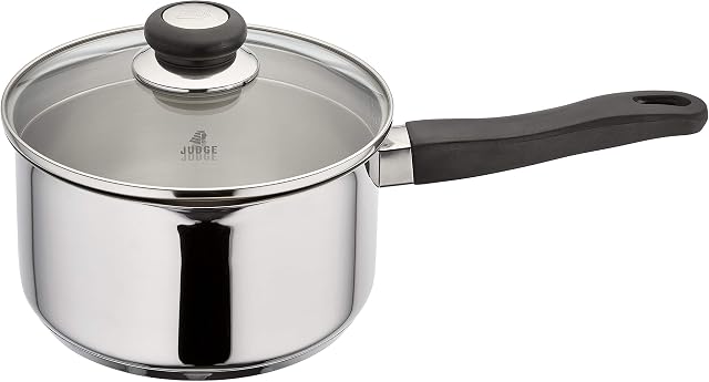 Judge Vista Draining J307A Stainless Steel Large Saucepan with Pouring Lip 20cm 3L, Glass Strain & Pour Lid, Induction Ready, Oven Safe, 25 Year Guarantee