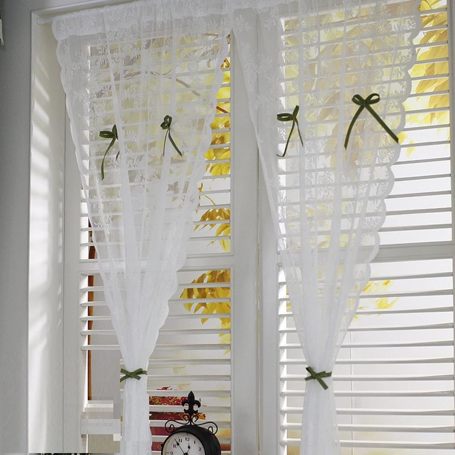 Short Curtain 2 Pieces Transparent White Voile Floral Lace Net Curtain with Bows Window Treatment Valance Panel Drapes Half Curtain for Kitchen Café Bedroom Cabinet Curtain Door Curtain