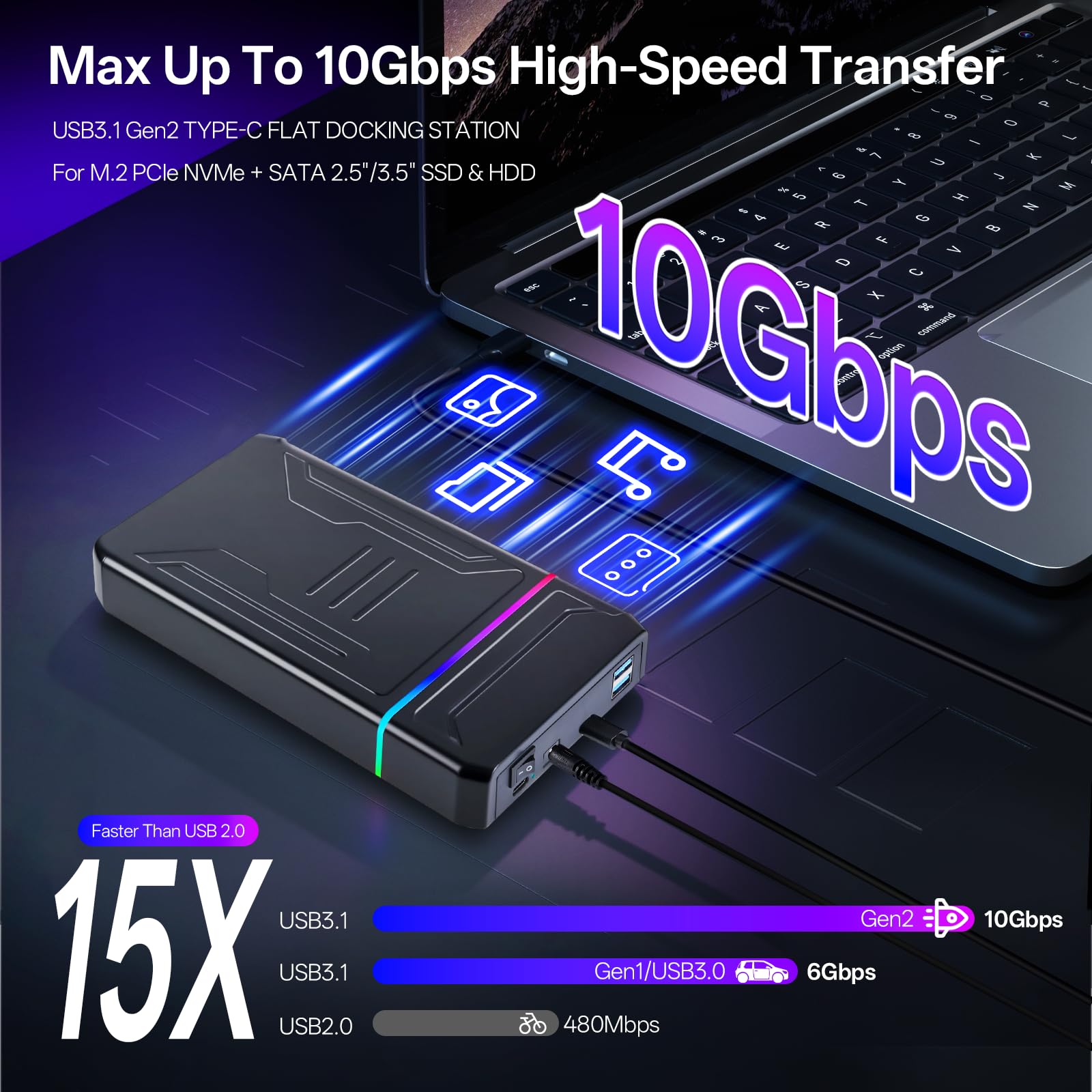 10Gbps Boitier Disque Dur Externe, USB-C Station d'accueil pour Disque Dur SATA HDD/SSD 3.5"/2.5" & pour Boitier SSD M2 NVMe Adaptateur SATA USB 3.2 Gen2, UASP