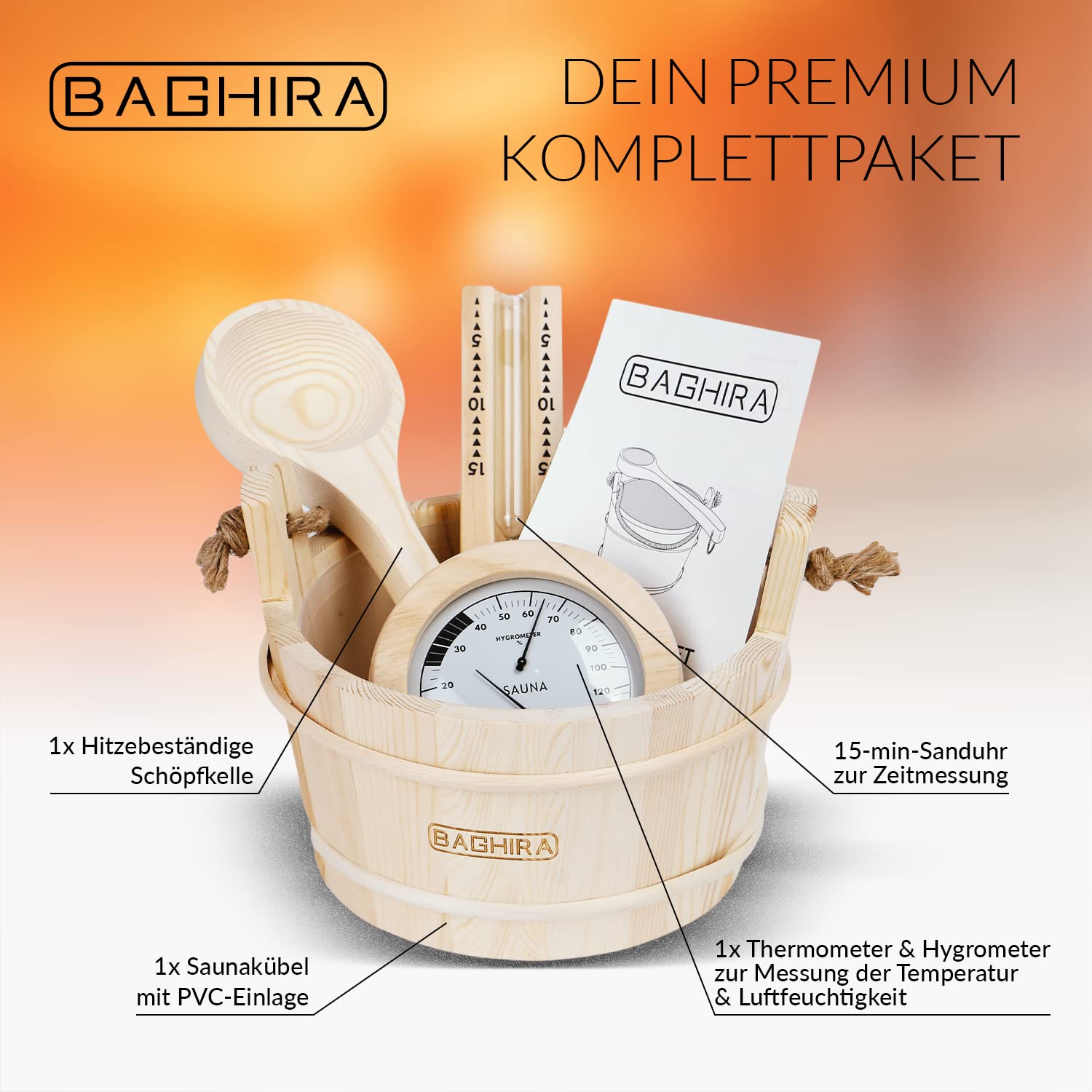 BAGHIRA Lot de 5 seaux de sauna en pin - Avec insert en PVC - Seau de sauna avec truelle, sablier, thermomètre et hygromètre