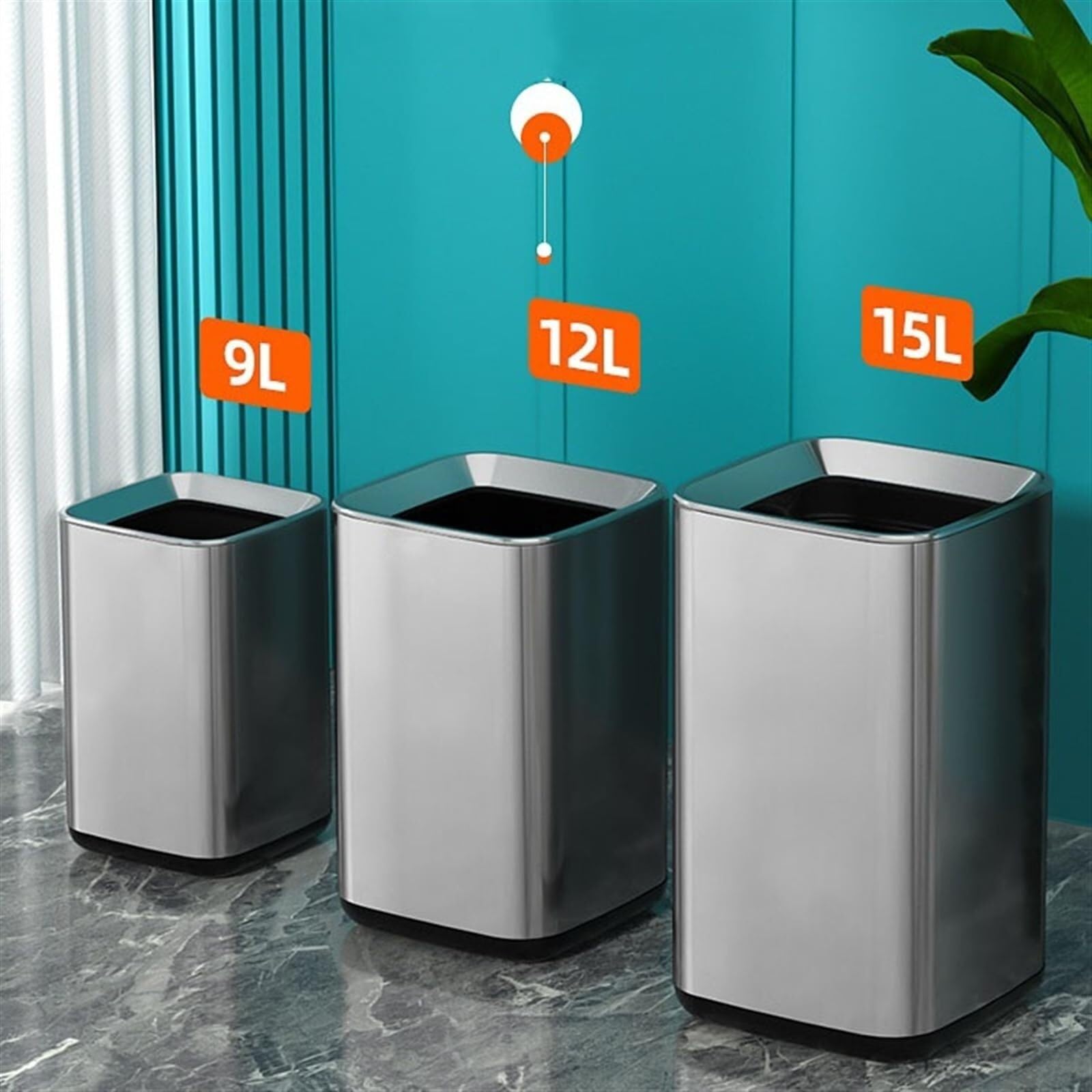 Mülleimer, quadratisch, Edelstahl, mit herausnehmbarem Innenkorb, oben offener Metallmülleimer(Black,12L)