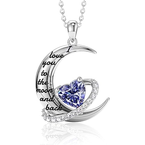 Distance I Love You to The Moon and Back Necklace, S925 Sterling Silver Heart Birthstone Necklace, Birthday Valentines Jewelry Gifts for Women Wife Lovers