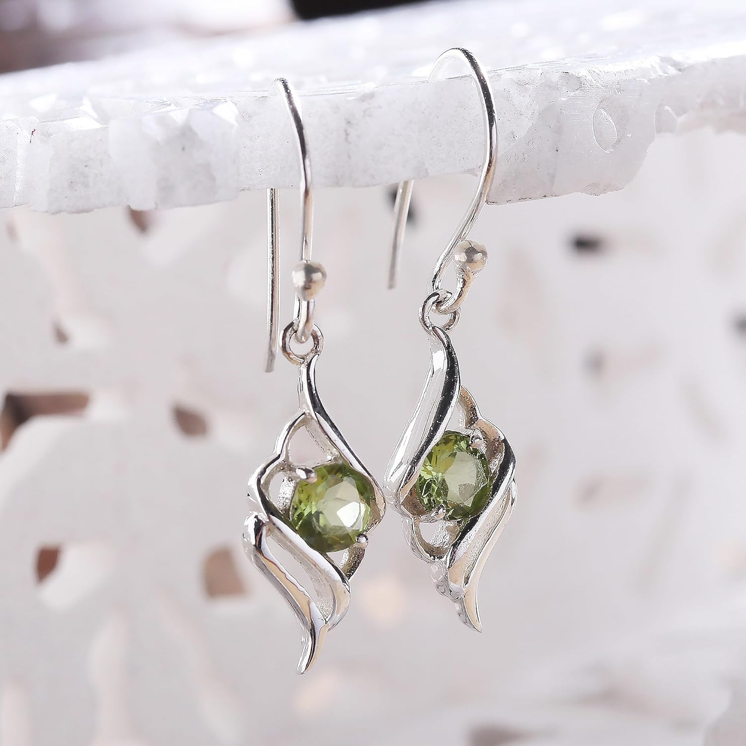 NOVICA Artisan Handmade Peridot Dangle Earrings | .925 Sterling Silver | Indian Gemstone Jewelry | August Birthstone | 'Leafy Green' | 1.3" L x 0.3" W