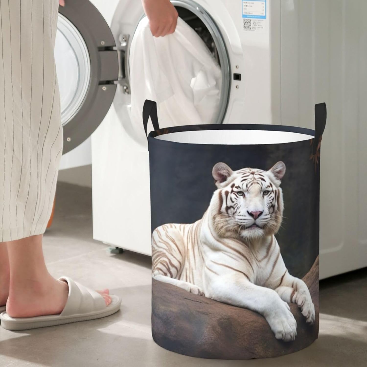 Large Laundry Basket Collapsible Laundry Hamper Freestanding Dirty Cloth Basket with Handles Albino tiger sitting on rock animal Washing Bin Foldable Clothes Hamper for Living Room, Bedroom