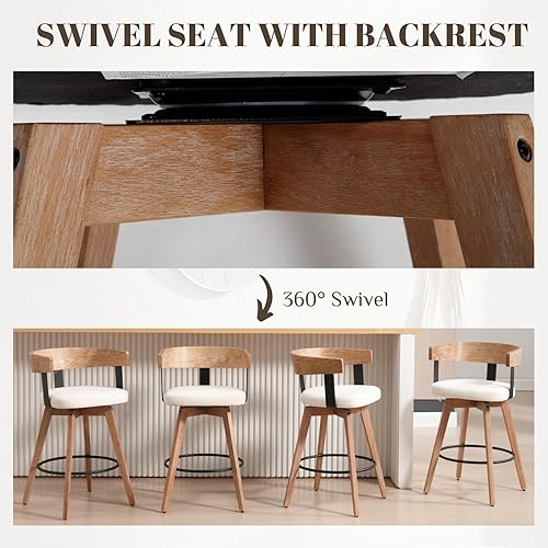 Miniatura 5 de HEAH-YO Juego de 2 taburetes de bar giratorios de 26 pulgadas de altura de mostrador con respaldo de barril, blanco, estilo moderno de mediados de
