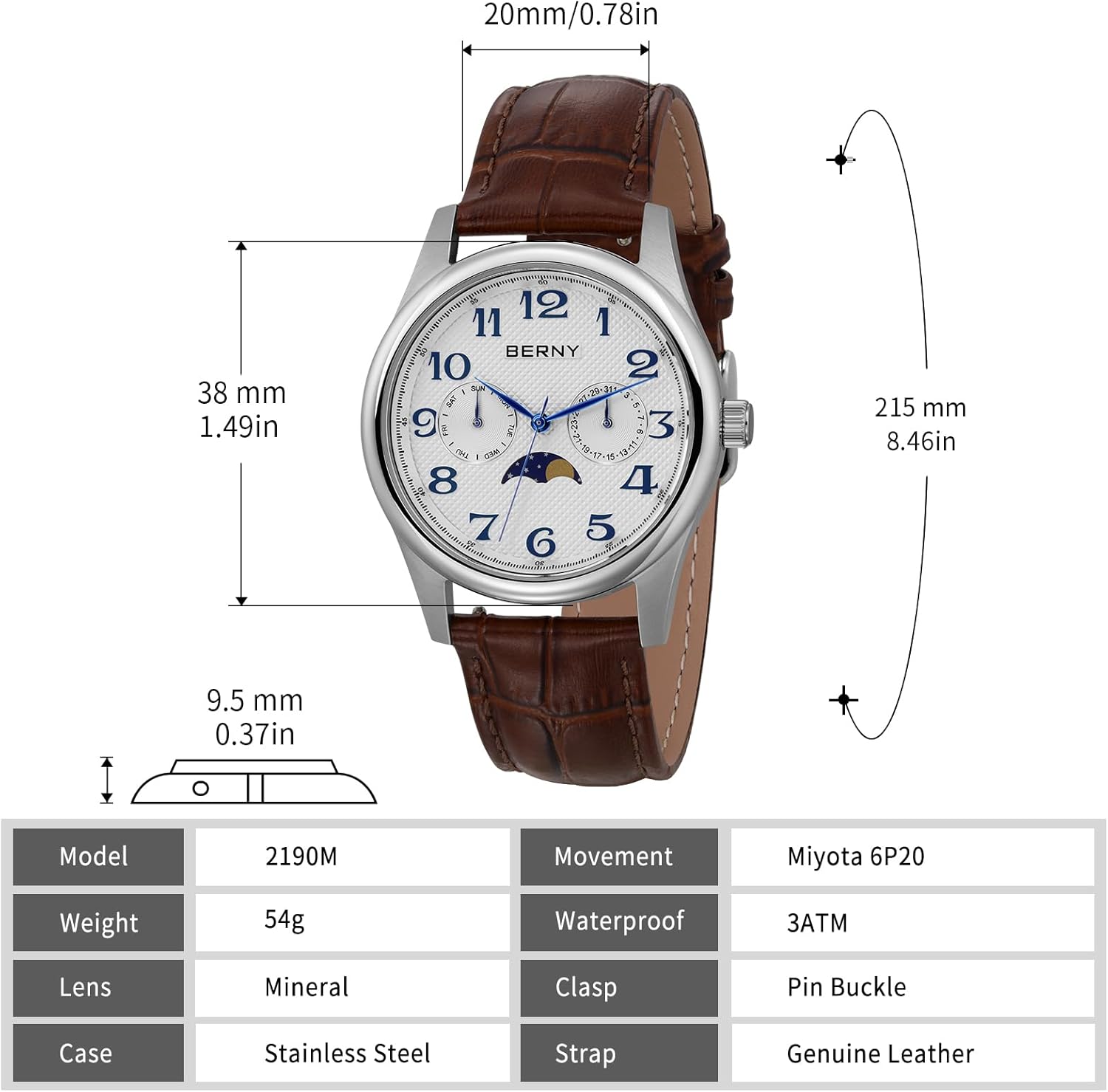 BERNY Silver Watch for Men Moon Phase Watches Multi-Function Quartz Wristwatch Easy Read Arabic Numerals Dial Analog Watches Stainless Steel Case Sub-dial with Date Day Calendar