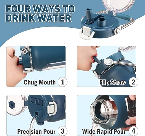 Miniatura 3 de Botella de Agua de Vidrio de 84oz con Mango de Acero Inoxidable, Botella de Agua de 2.5L Galón con Tapa de Pajita 2-EN-1, Funda de Silicona y Azul