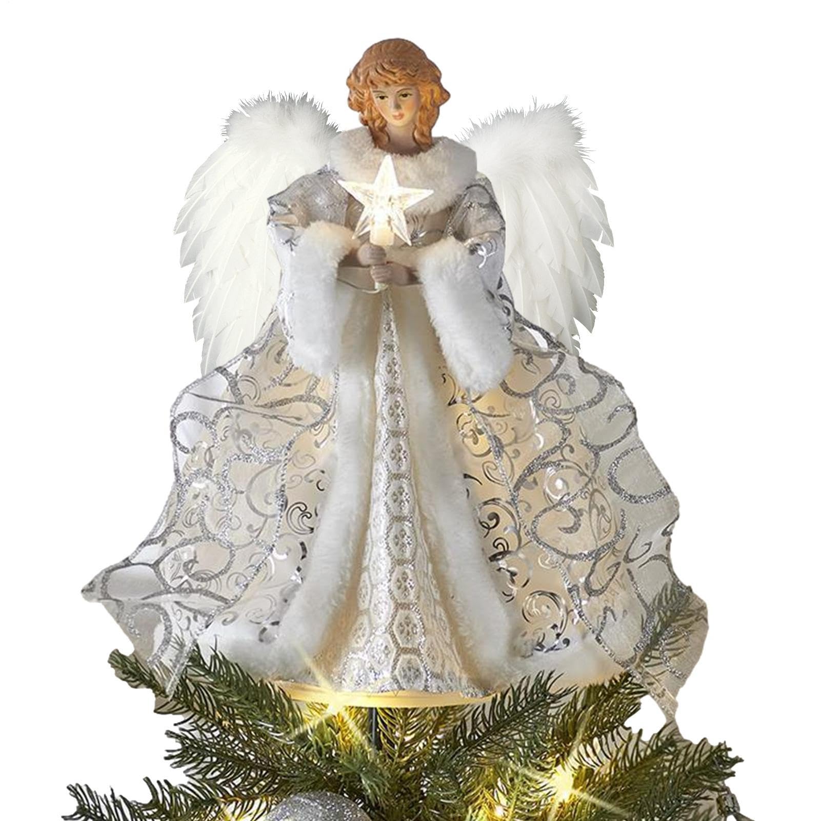Angel Christmas Tree Topper,30cm Christmas Trees Topper Angel, Angels Decoration Trees Top With Feathers Wings, Light Up Fairy Toppers For Tree Ornaments