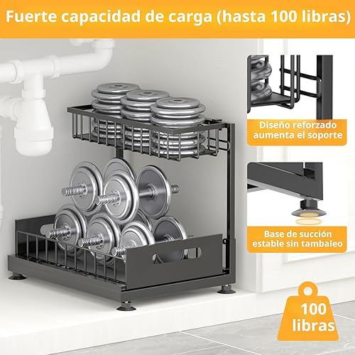 Miniatura 5 de Paquete de 2 organizadores para debajo del fregadero, estantes extraíbles de metal de alta calidad, altura ajustable, fácil instalación,